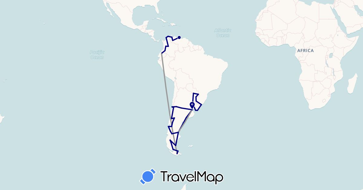 TravelMap itinerary: driving, plane in Argentina, Brazil, Chile, Colombia, Ecuador, Paraguay, Uruguay, Venezuela (South America)